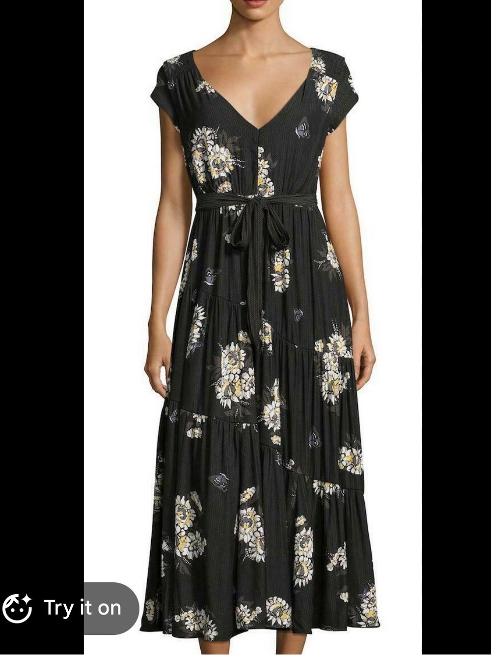 FREE PEOPLE “All I GOT” Black floral tiered Midi Dress with V-neckline - no tags